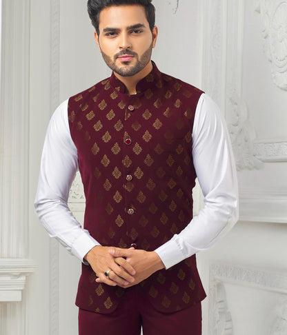 Maroon Printed Nehru Jacket: Men's Modi Waistcoat for Wedding
