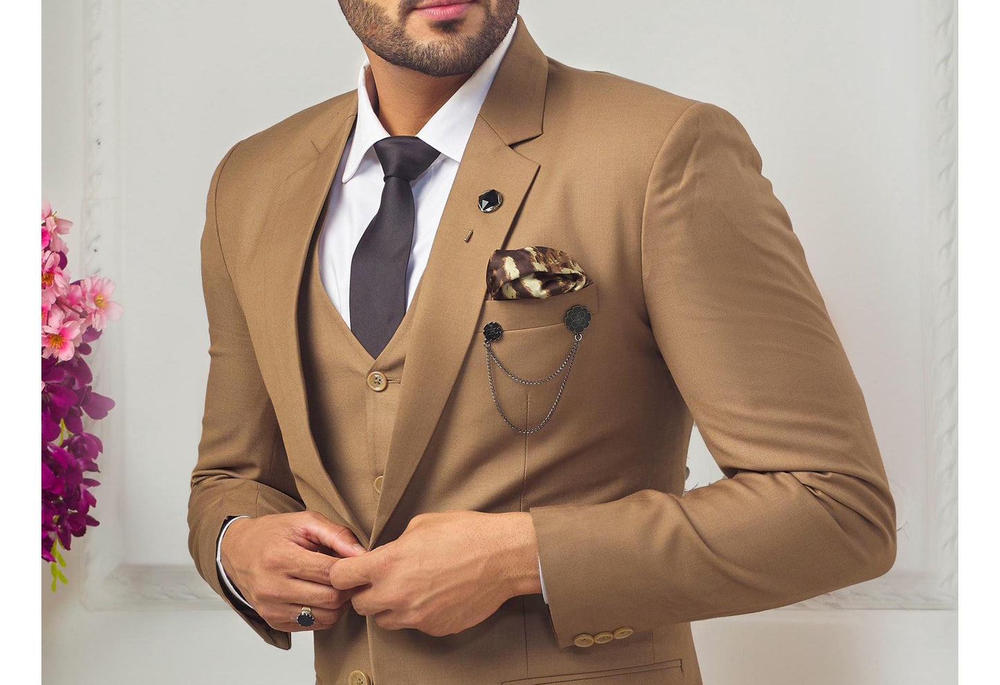 Beige Three Piece Suit, Men's Wedding Groom Suit