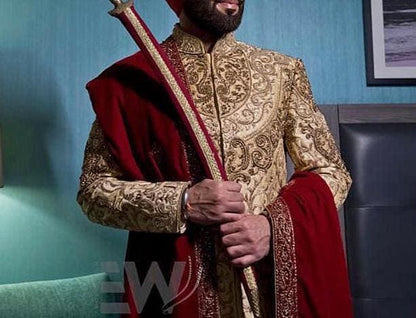 Royal Golden Sherwani: Indian Groom Wedding Outfit
