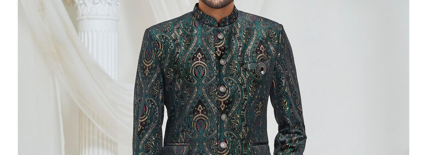 Green Paisley Jodhpuri Suit: Men's Indian Wedding Outfit