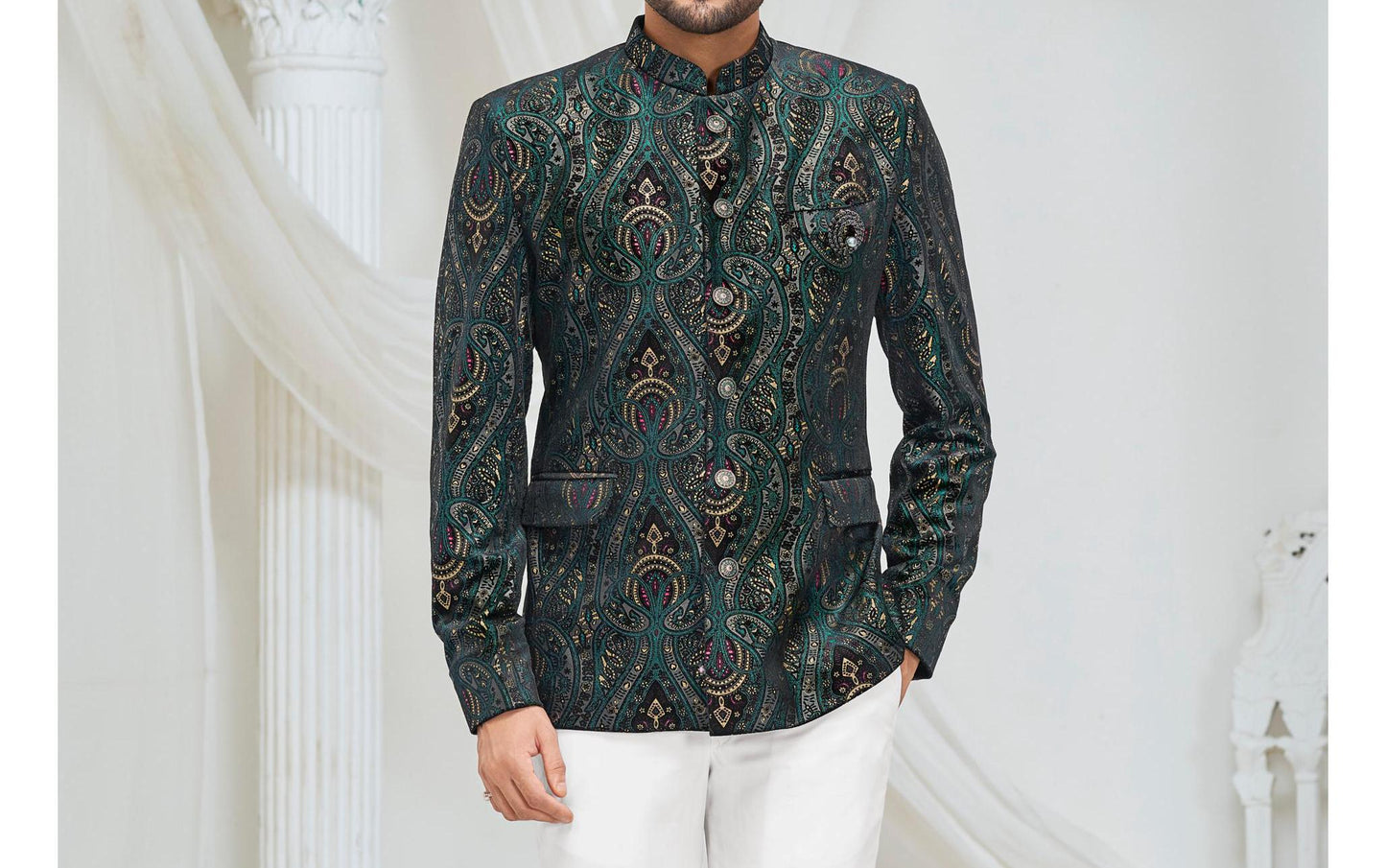 Green Paisley Jodhpuri Suit: Men's Indian Wedding Outfit
