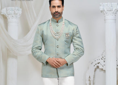 Seafoam Green Jodhpuri Suit, Wedding Bandhgala Jacket with White Trousers