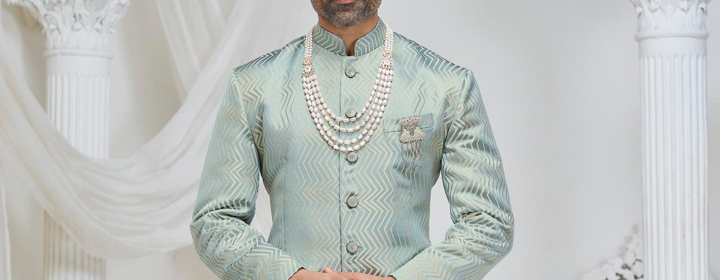 Seafoam Green Jodhpuri Suit, Wedding Bandhgala Jacket with White Trousers