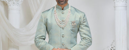 Seafoam Green Jodhpuri Suit, Wedding Bandhgala Jacket with White Trousers