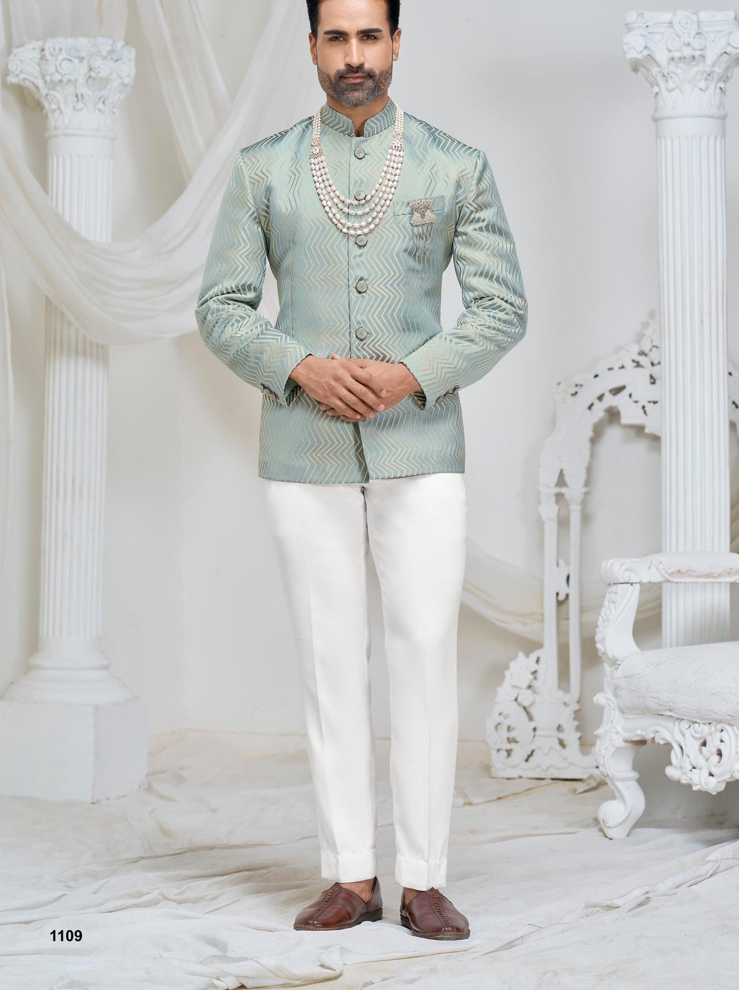 Seafoam Green Jodhpuri Suit, Wedding Bandhgala Jacket with White Trousers