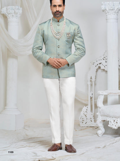 Seafoam Green Jodhpuri Suit, Wedding Bandhgala Jacket with White Trousers