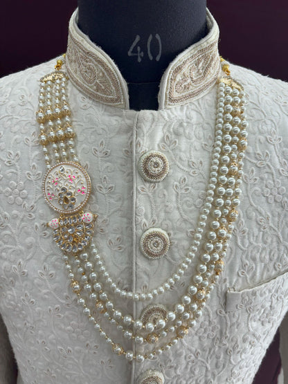 Ivory Pearl Indian Groom Necklace, Kundan Sherwani Kantha with Pink Brooch