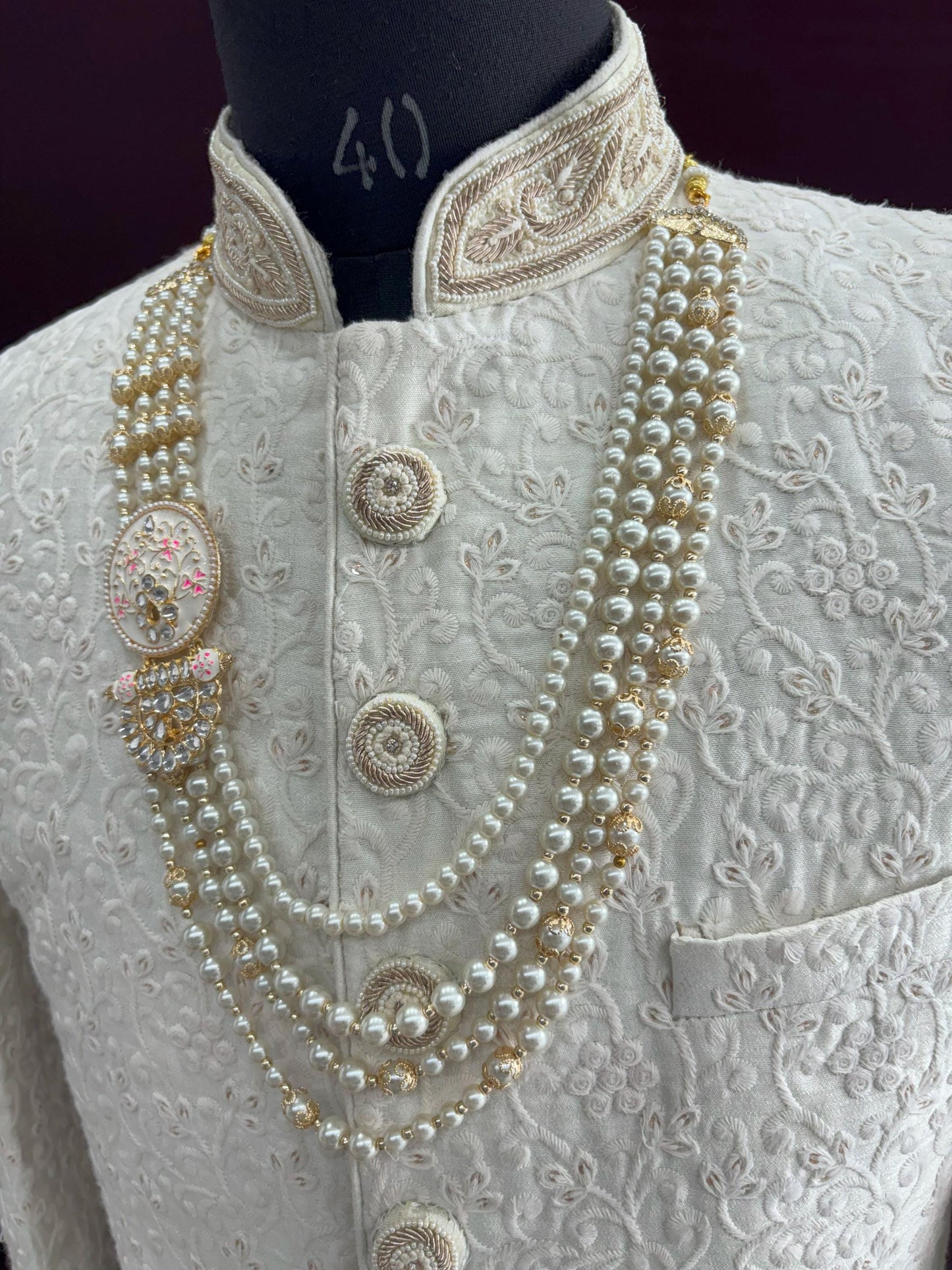 Ivory Pearl Indian Groom Necklace, Kundan Sherwani Kantha with Pink Brooch