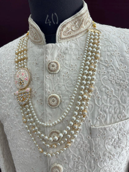 Ivory Pearl Indian Groom Necklace, Kundan Sherwani Kantha with Pink Brooch