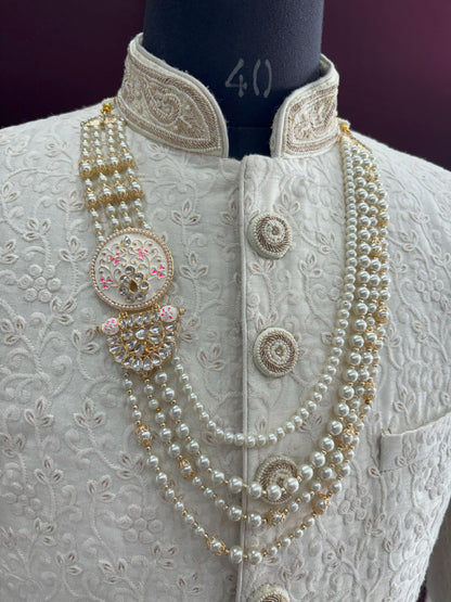 Ivory Pearl Indian Groom Necklace, Kundan Sherwani Kantha with Pink Brooch