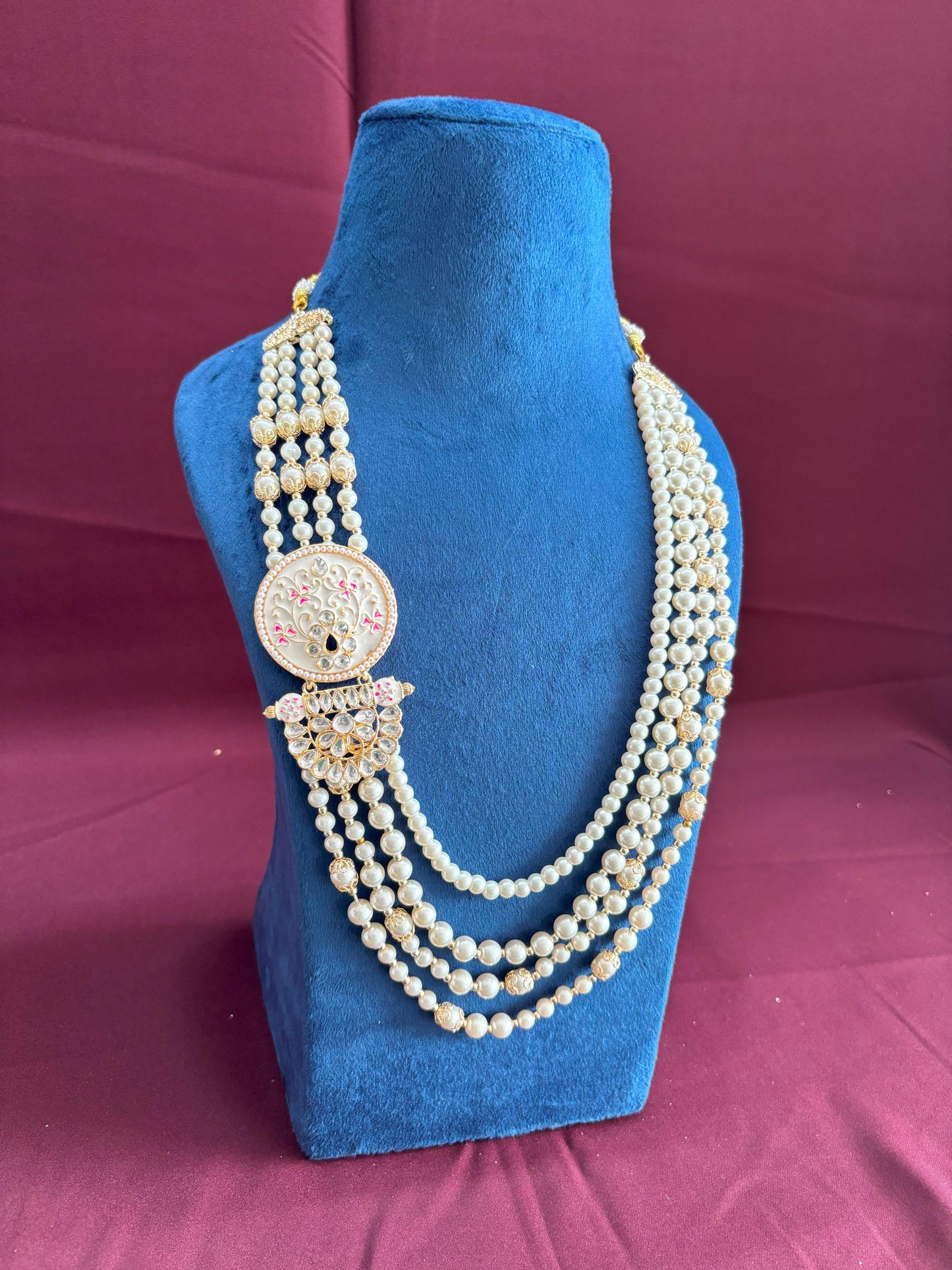 Ivory Pearl Indian Groom Necklace, Kundan Sherwani Kantha with Pink Brooch