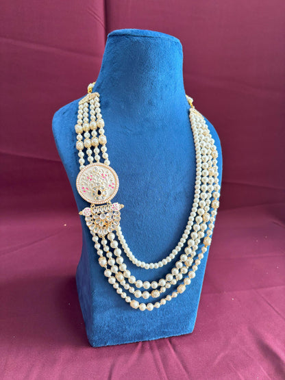 Ivory Pearl Indian Groom Necklace, Kundan Sherwani Kantha with Pink Brooch