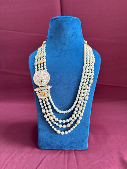 Ivory Pearl Indian Groom Necklace, Kundan Sherwani Kantha with Pink Brooch