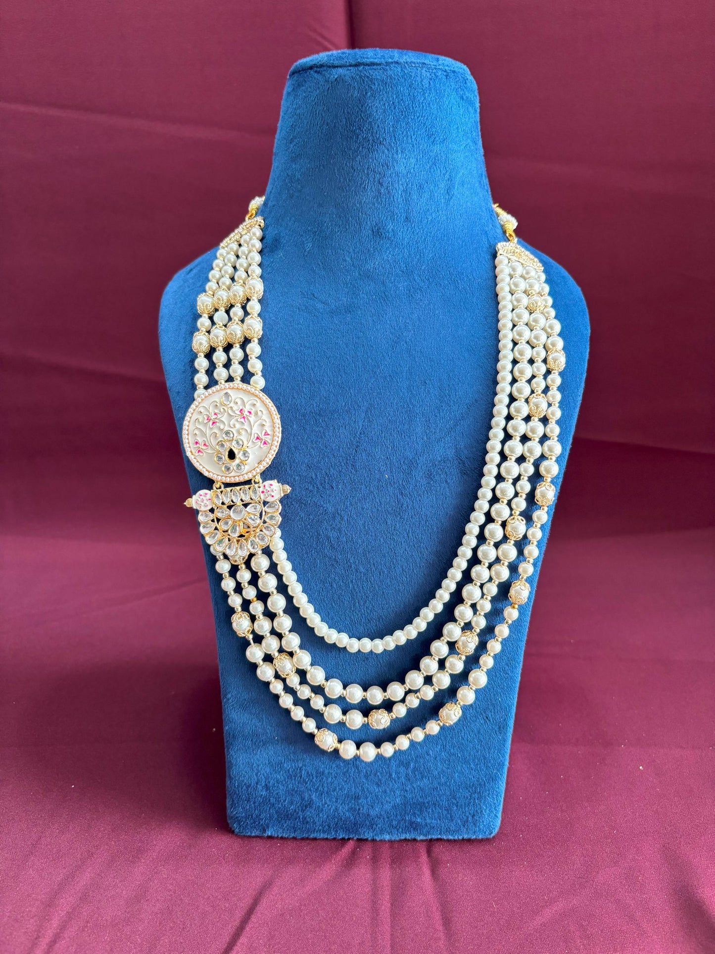 Ivory Pearl Indian Groom Necklace, Kundan Sherwani Kantha with Pink Brooch