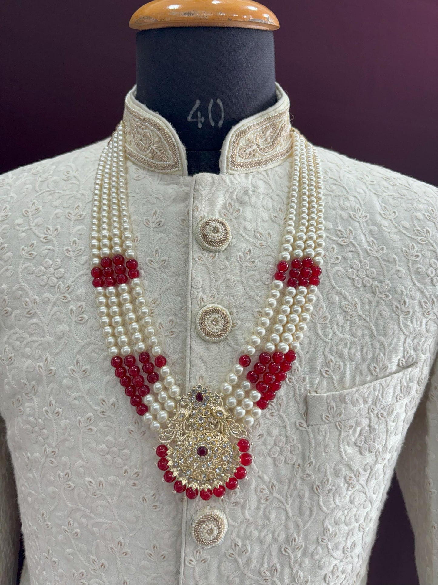 Kundan Groom Necklace, Maroon & White Sherwani Wedding Jewelry