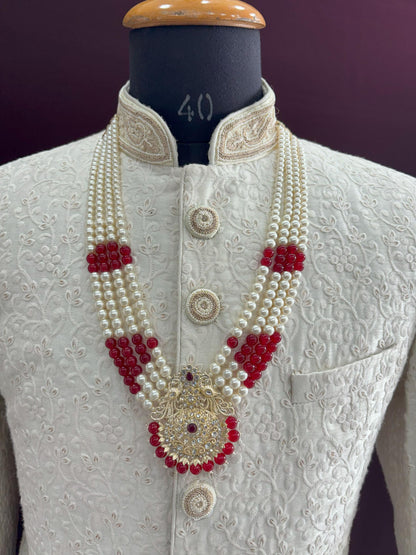 Kundan Groom Necklace, Maroon & White Sherwani Wedding Jewelry
