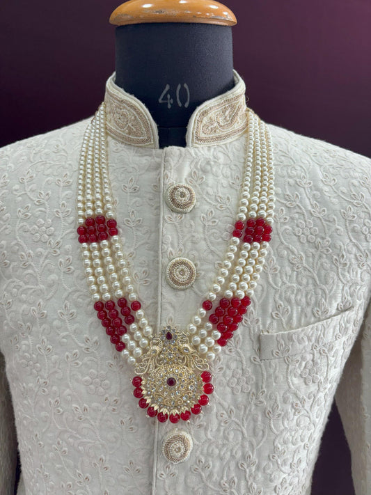 Kundan Groom Necklace, Maroon & White Sherwani Wedding Jewelry