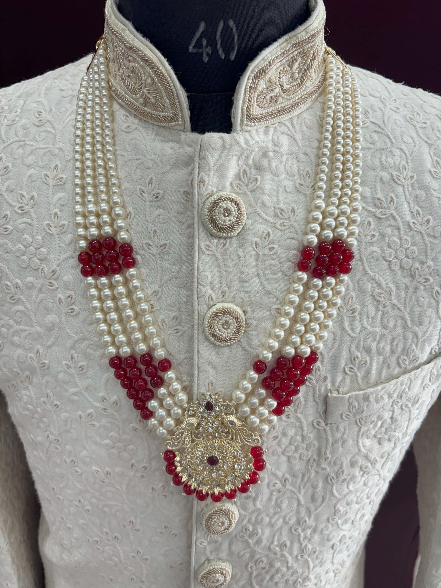 Kundan Groom Necklace, Maroon & White Sherwani Wedding Jewelry