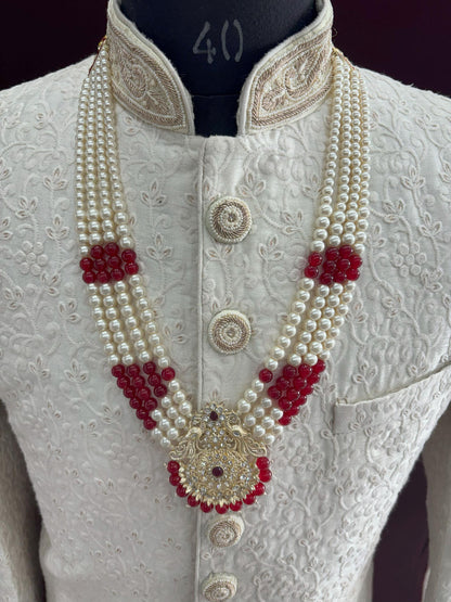 Kundan Groom Necklace, Maroon & White Sherwani Wedding Jewelry