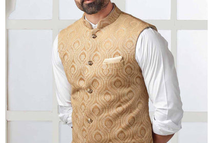 Beige Nehru Jacket: Men's Modi Waistcoat, Groom Outfit