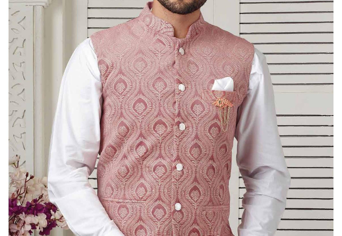 Dusty Rose Embroidered Nehru Jacket, Men's Modi Wedding Groom Jacket, thread embroidery waistcoat