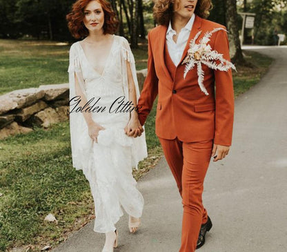 Rust Men's Suit: Luxury Wedding Three-Piece Bespoke Suit
