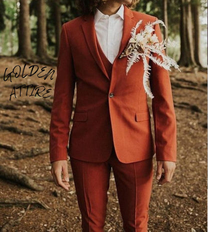 Rust Men's Suit: Luxury Wedding Three-Piece Bespoke Suit