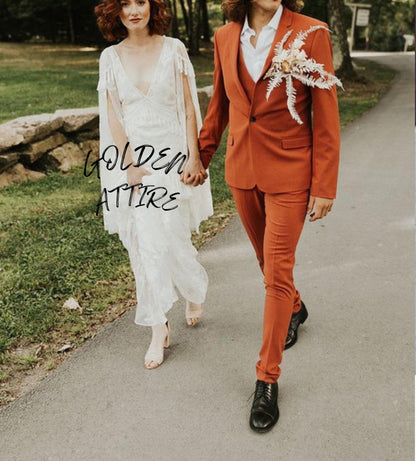 Rust Men's Suit: Luxury Wedding Three-Piece Bespoke Suit