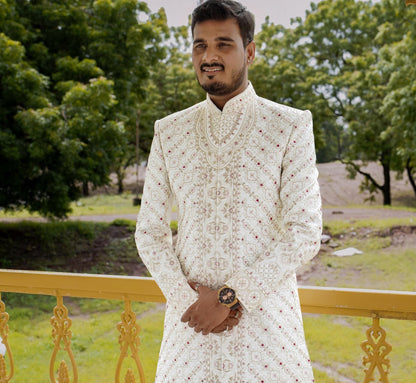 White Wedding Sherwani: Indian Groom Outfit, Full Set