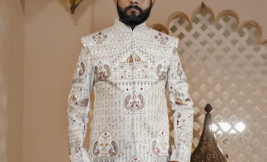 Exquisite White Sherwani: Indian Groom Wedding Outfit