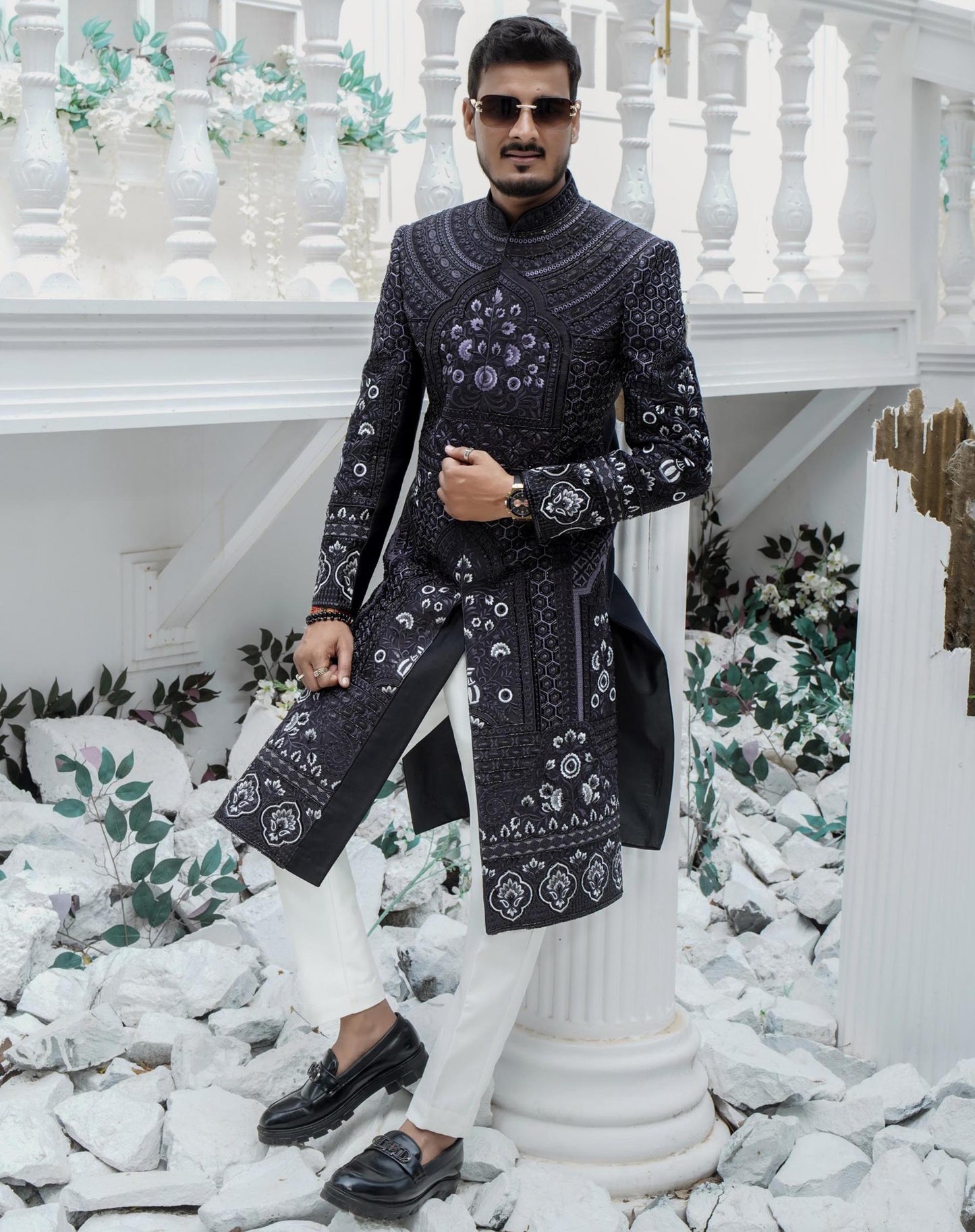 Majestic Black Embroidered Sherwani: Indian Groom Wedding Suit