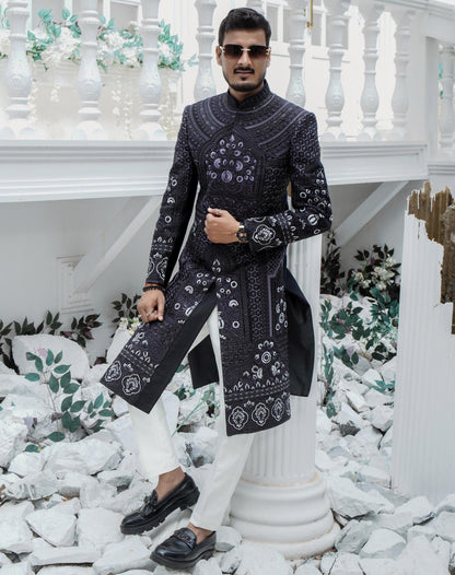 Majestic Black Embroidered Sherwani: Indian Groom Wedding Suit