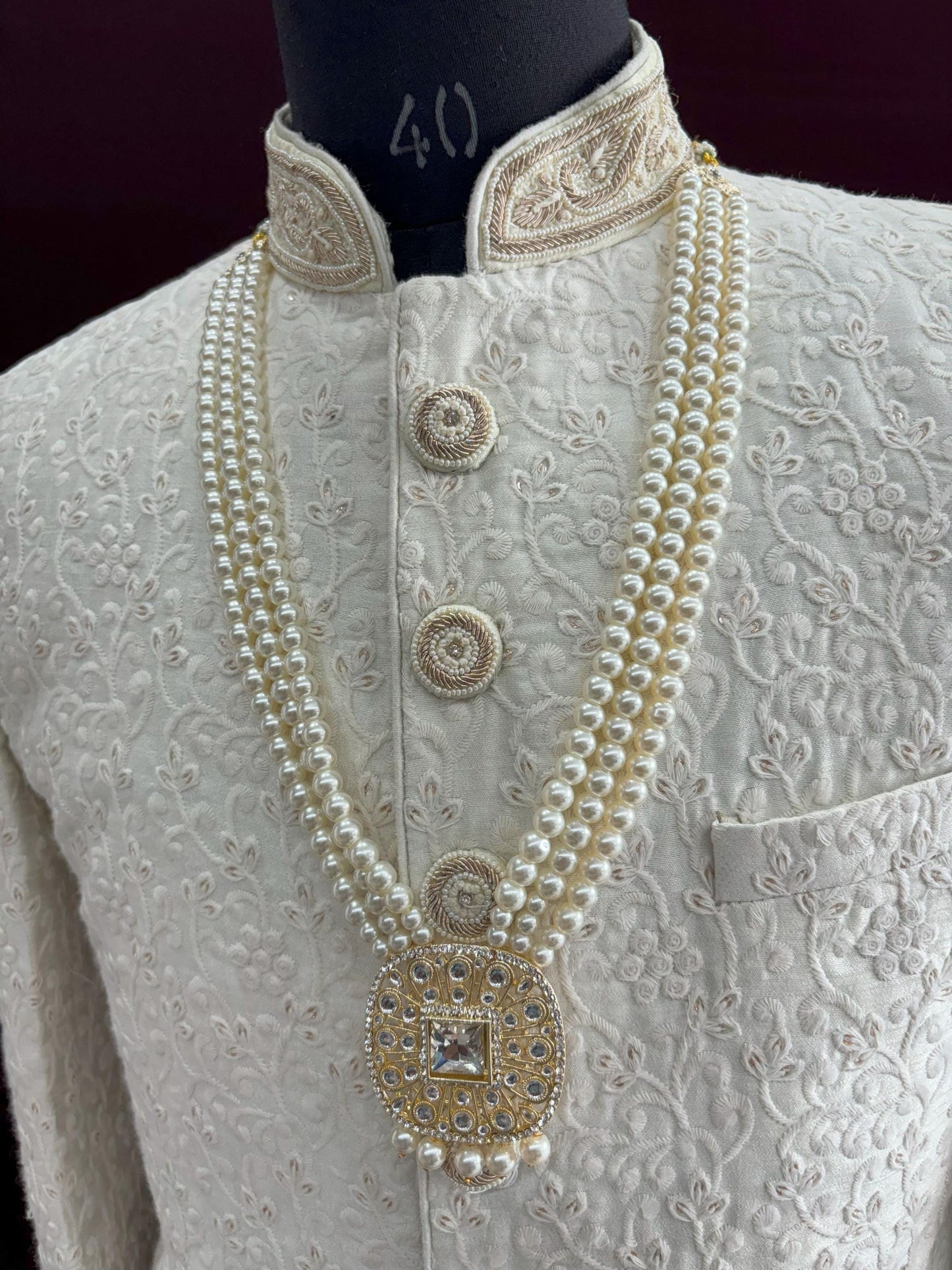 White Kundan Groom Necklace, Sherwani Mala Wedding Jewelry