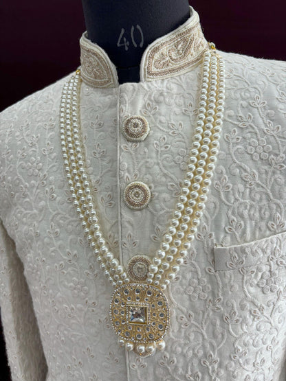 White Kundan Groom Necklace, Sherwani Mala Wedding Jewelry