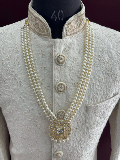 White Kundan Groom Necklace, Sherwani Mala Wedding Jewelry