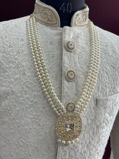 White Kundan Groom Necklace, Sherwani Mala Wedding Jewelry