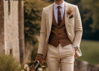 Cream 3-Piece Suit: Men's Bespoke Wedding Groom Suit