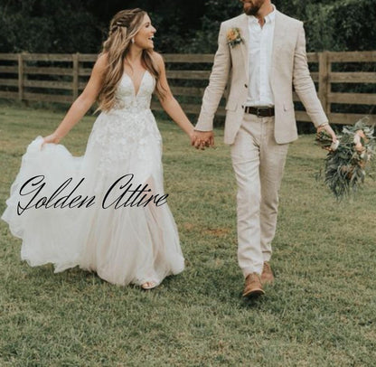 Cream Linen Suit: Luxury Two-Piece Wedding Suit