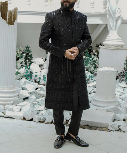 Black Embroidered Groom Sherwani, Indo Western Wedding Suit
