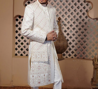 Elegant White Sherwani, Handcrafted Indian Groom Suit