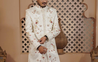 White Embroidered Sherwani, Indian Groom Wedding Outfit