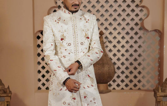 White Embroidered Sherwani, Indian Groom Wedding Outfit