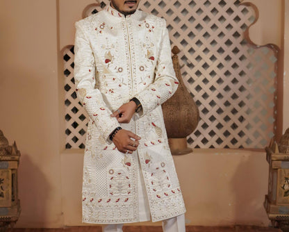 White Embroidered Sherwani, Indian Groom Wedding Outfit