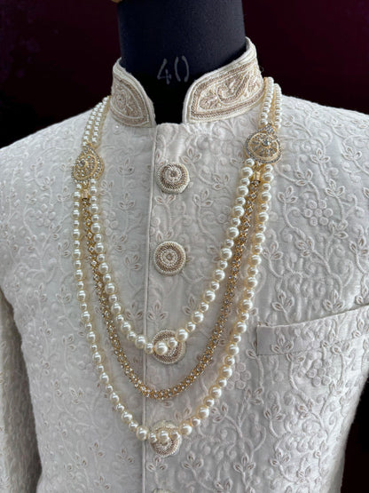 Pearl & Stone Bead Groom Necklace, Indian Wedding Sherwani Kantha