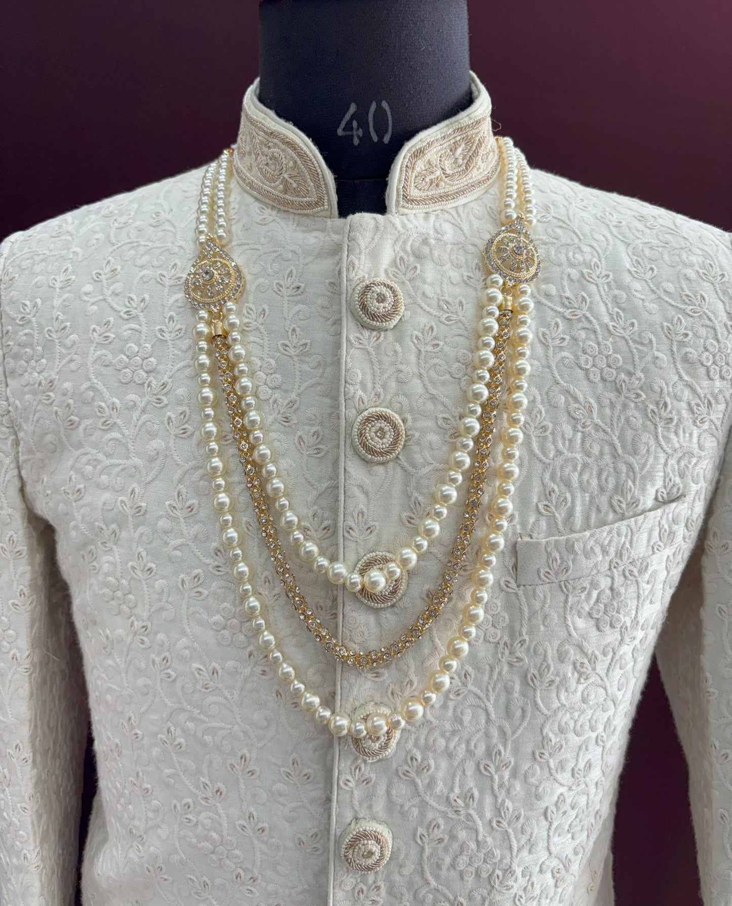 Pearl & Stone Bead Groom Necklace, Indian Wedding Sherwani Kantha