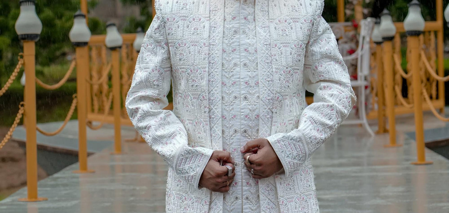 White Shrug Sherwani, Indian Groom Wedding Outfit