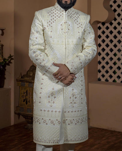 Cream Embroidered Sherwani for Men, Indo Western Wedding Suit