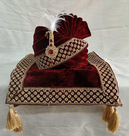 Red Wedding Turban & Shawl Set: Indian Groom Sherwani Safa Combo