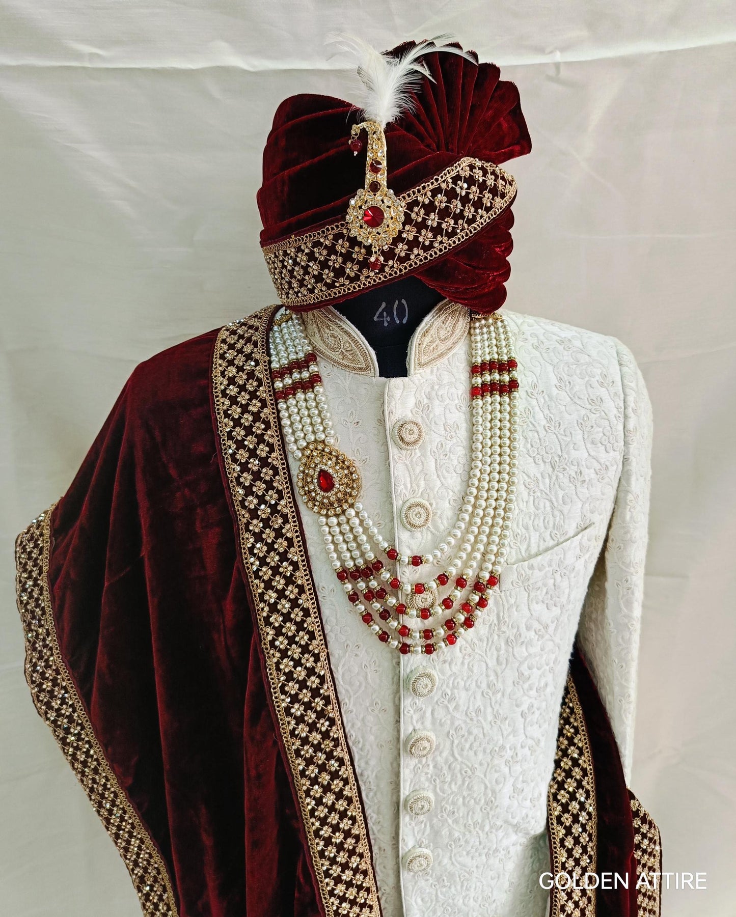 Red Wedding Turban & Shawl Set: Indian Groom Sherwani Safa Combo