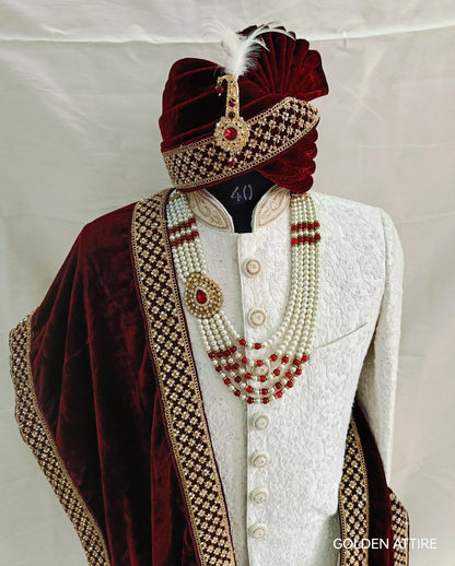 Red Wedding Turban & Shawl Set: Indian Groom Sherwani Safa Combo